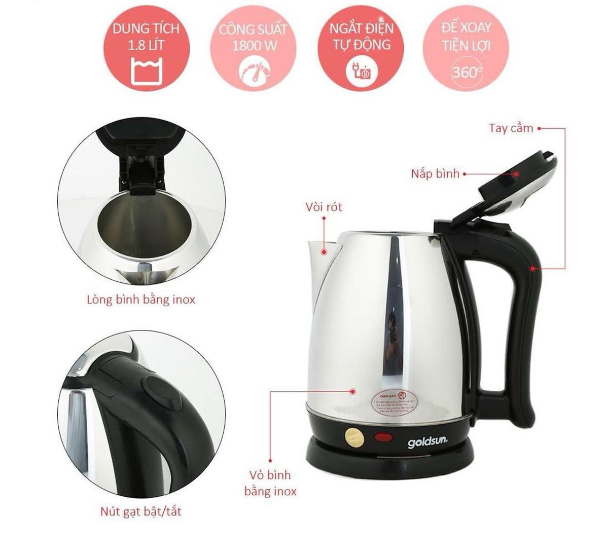 Ấm siêu tốc Goldsun 1,8 lít GS EK-GBB1218S1